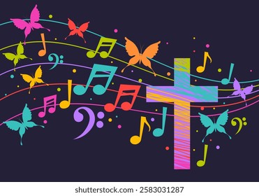 Colorful christian cross with music notes. Religion themed bright colorful background for gospel church music, choir singing, concert, festival, Christianity, prayer. Design with music notes, cross