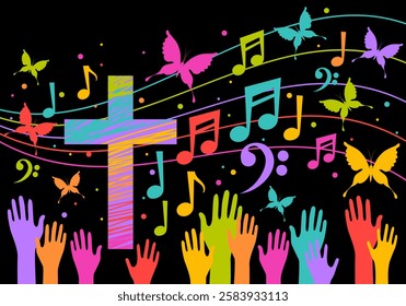 Colorful christian cross with music notes. Religion themed bright colorful background for gospel church music, choir singing, concert, festival, Christianity, prayer. Design with music notes, cross