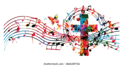 Colorful christian cross with musical notes isolated vector illustration. Religion themed background. Design for gospel church music, choir singing, concert, festival, Christianity, prayer