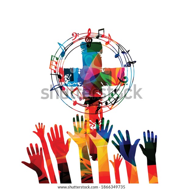 Colorful christian cross with musical notes and\
hands isolated vector illustration. Religion themed background.\
Design for gospel church music, choir singing, concert, festival,\
Christianity, prayer