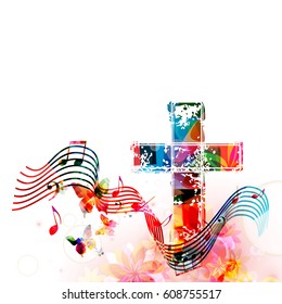 Colorful christian cross with stave and music notes isolated vector illustration