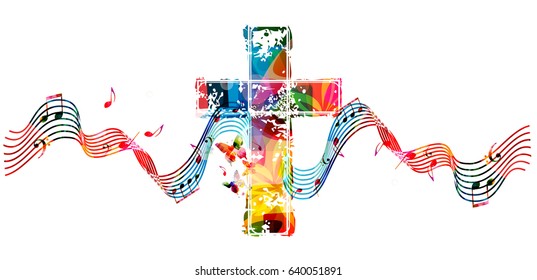 Colorful christian cross with stave and music notes isolated vector illustration