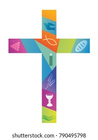 Colorful christian cross with christian symbols	
