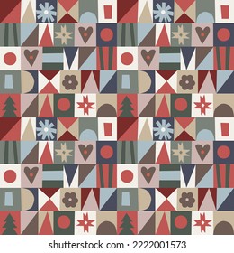 Colorful Christmas abstract seamless patterns with geometric shapes, gingerbread cookies, hearts and stars. Decorative background for fabric, textile, gift wrappping. Winter vector illustration.