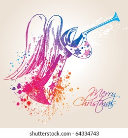 A colorful Christmas Angel with drops and sprays on a beige background. Vector illustration.