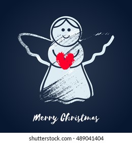 Colorful christmas angel with heart icon. Hand drawn paint brush vector illustration. Good for christmas new year design