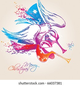 A colorful Christmas Angels with drops and sprays on a beige background. Vector illustration.