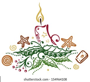 Colorful christmas arrangement, with candle and cookies.