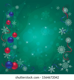 Colorful christmas background. Blue and red balls and snowflakes are located on the left and right. There is room for text in the middle