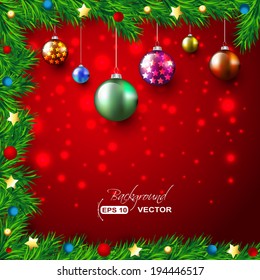 Colorful Christmas background with lights and baubles, stars,fir branches and place for text on red. 