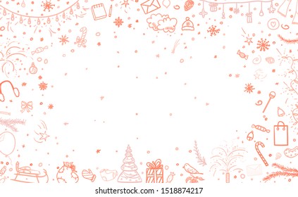 Colorful christmas background on white. Hand drawn texture with sketchy holiday elements for design. Colored illustration