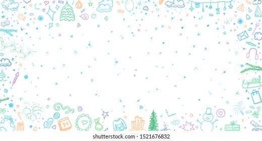 Colorful christmas background on white. Pattern with sketchy holiday elements for design. Happy New Year