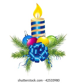 Colorful christmas ball, candle and pine isolated on white. Christmas ornament