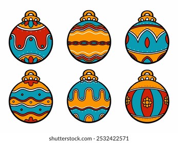 Colorful Christmas ball collection set vector illustration. Icon, sticker, clipart, illustration, cartoon, line art