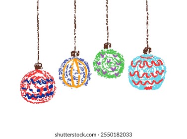 Colorful Christmas ball design element set. Holiday hanging ornament with thread. Crayon, pastel chalk or pencil kids hand drawing doodle funny style. Cartoon flat bright simple vector art collection