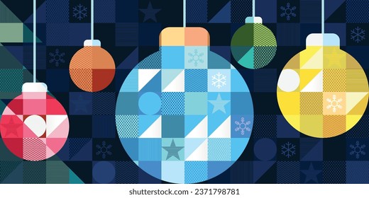 Colorful Christmas ball and geometric elements in blue mosaic background. Merry Christmas and Happy New Year greeting card vector illustration template.