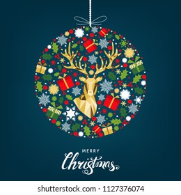 Colorful  Christmas ball.  Golden, red, green, white  decoration. Happy New Year background. Gold Xmas  reindeer, gifts,  snowflakes. Vector template  for greeting  card.