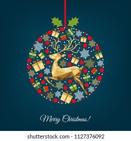 Colorful  Christmas ball.  Golden, red, green, white  decoration. Happy New Year background. Gold Xmas  reindeer, gifts,  snowflakes. Vector template  for greeting  card.