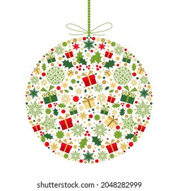 Colorful  Christmas ball.  Golden, red, green, white  decoration. Happy New Year background. Gold Xmas  reindeer, gifts,  snowflakes. Vector template  for greeting  card.