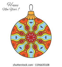 Colorful Christmas ball with hand drawn mandala ornament. Happy New Year card or invitation template. Decorative geometric doodle floral pattern. Isolated element for textile or paper print