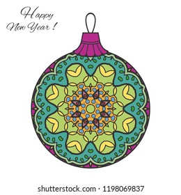 Colorful Christmas ball with hand drawn mandala ornament. Happy New Year card or invitation template. Decorative geometric doodle floral pattern. Isolated element for textile or paper print