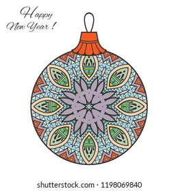 Colorful Christmas ball with hand drawn mandala ornament. Happy New Year card or invitation template. Decorative geometric doodle floral pattern. Isolated element for textile or paper print