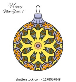 Colorful Christmas ball with hand drawn mandala ornament. Happy New Year card or invitation template. Decorative geometric doodle floral pattern. Isolated element for textile or paper print