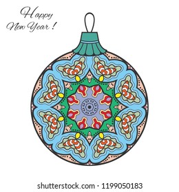 Colorful Christmas ball with hand drawn mandala ornament. Happy New Year card or invitation template. Decorative geometric doodle floral pattern. Isolated element for textile or paper print