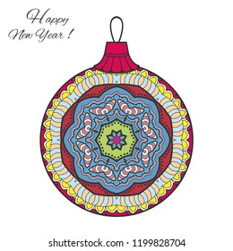 Colorful Christmas ball with hand drawn mandala ornament. Happy New Year card or invitation template. Decorative geometric doodle floral pattern. Isolated element for textile or paper print