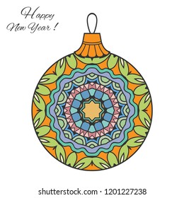 Colorful Christmas ball with hand drawn mandala ornament. Happy New Year card or invitation template. Decorative geometric doodle floral pattern. Isolated element for textile or paper print