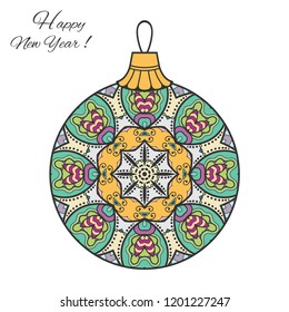 Colorful Christmas ball with hand drawn mandala ornament. Happy New Year card or invitation template. Decorative geometric doodle floral pattern. Isolated element for textile or paper print