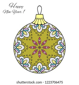 Colorful Christmas ball with hand drawn mandala ornament. Happy New Year card or invitation template. Decorative geometric doodle floral pattern. Isolated element for textile or paper print