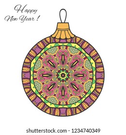 Colorful Christmas ball with hand drawn mandala ornament. Happy New Year card or invitation template. Decorative geometric doodle floral pattern. Isolated element for textile or paper print