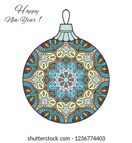 Colorful Christmas ball with hand drawn mandala ornament. Happy New Year card or invitation template. Decorative geometric doodle floral pattern. Isolated element for textile or paper print