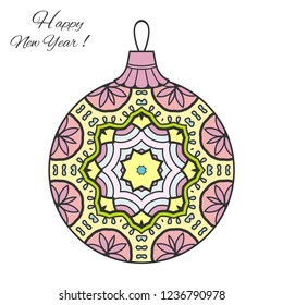 Colorful Christmas ball with hand drawn mandala ornament. Happy New Year card or invitation template. Decorative geometric doodle floral pattern. Isolated element for textile or paper print