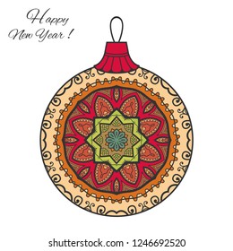 Colorful Christmas ball with hand drawn mandala ornament. Happy New Year card or invitation template. Decorative geometric doodle floral pattern. Isolated element for textile or paper print