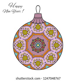 Colorful Christmas ball with hand drawn mandala ornament. Happy New Year card or invitation template. Decorative geometric doodle floral pattern. Isolated element for textile or paper print