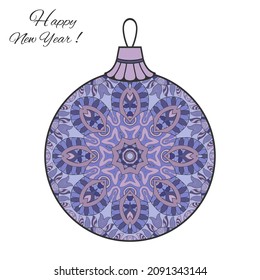 Colorful Christmas ball with hand drawn mandala ornament. Happy New Year card or invitation template. Decorative geometric doodle floral pattern. Isolated element for textile or paper print