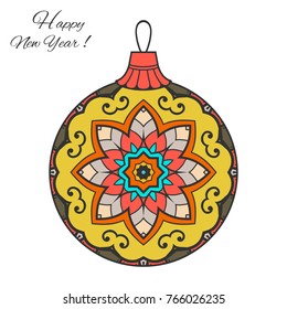 Colorful Christmas ball with hand drawn ornament. Happy New Year card or invitation template. Decorative geometric doodle floral pattern. Isolated element for textile or paper print