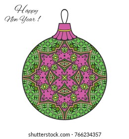 Colorful Christmas ball with hand drawn ornament. Happy New Year card or invitation template. Decorative geometric doodle floral pattern. Isolated element for textile or paper print