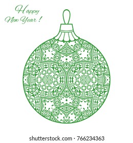 Colorful Christmas ball with hand drawn ornament. Happy New Year card or invitation template. Decorative geometric doodle floral pattern. Isolated element for textile or paper print