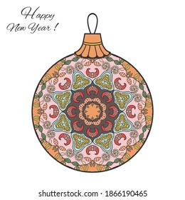 Colorful Christmas ball. Happy New Year greeting card template. Doodle Mandala ornament. Isolated design element on white background, vector illustration.