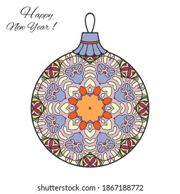 Colorful Christmas ball. Happy New Year greeting card template. Doodle Mandala ornament. Isolated design element on white background, vector illustration.