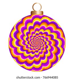 Colorful christmas ball with orange, purple and yellow spirals. Optical expansion illusion.