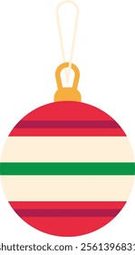 Colorful christmas ball ornament hanging with golden string, with red, green and white stripes, isolated on white background, perfect for christmas decorations