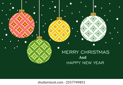 Colorful christmas ball ornaments, with snow fall on green background