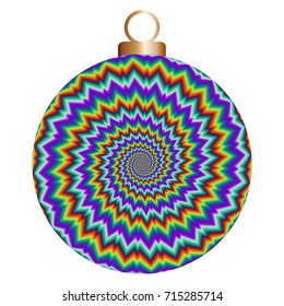 Colorful christmas ball  with pulsing fiery spirals. Optical illusion of movement.