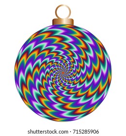 Colorful christmas ball  with pulsing fiery spirals. Spin illusion.
