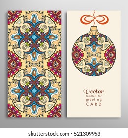 Colorful Christmas ball and seamless vertical floral pattern. Card or Invitation template set. Happy New Year 2017. Hand drawn decorative geometric ornament. Isolated element for textile, paper print