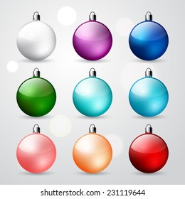 Colorful Christmas ball vector set, winter holidays decoration objects